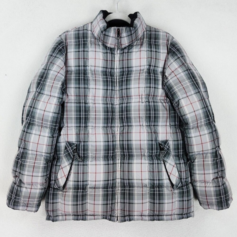 Eddie Bauer Coat Womens Medium Tall Gray Plaid Weather Edge Goose Down Puffer